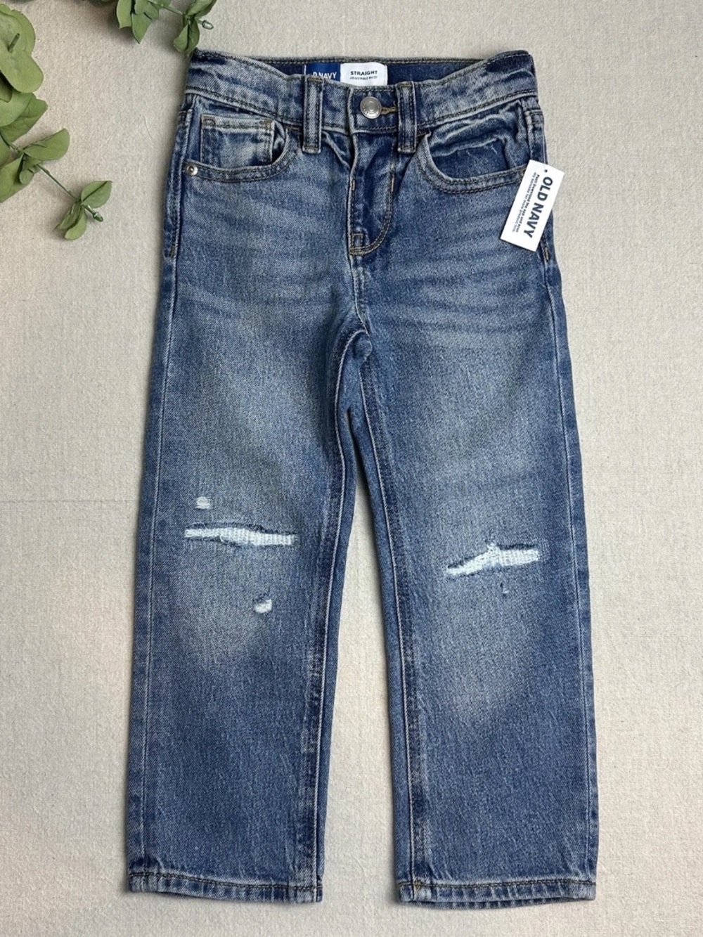 Old Navy Girls' Size 4T Straight Leg Jeans Adjustable Waist Distressed Blue NWT